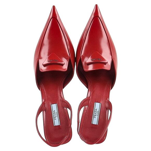 Prada Logo-Plaque Slingback Kitten-Heel Pumps in Red Leather - Picture 3 of 6